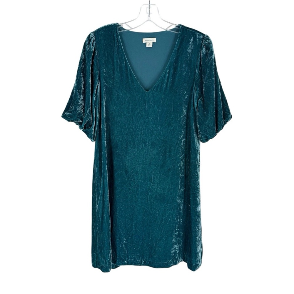 Sundance Etienne Velvet Dress Womens Size Small Teal Silk Blend Puff Sleeve